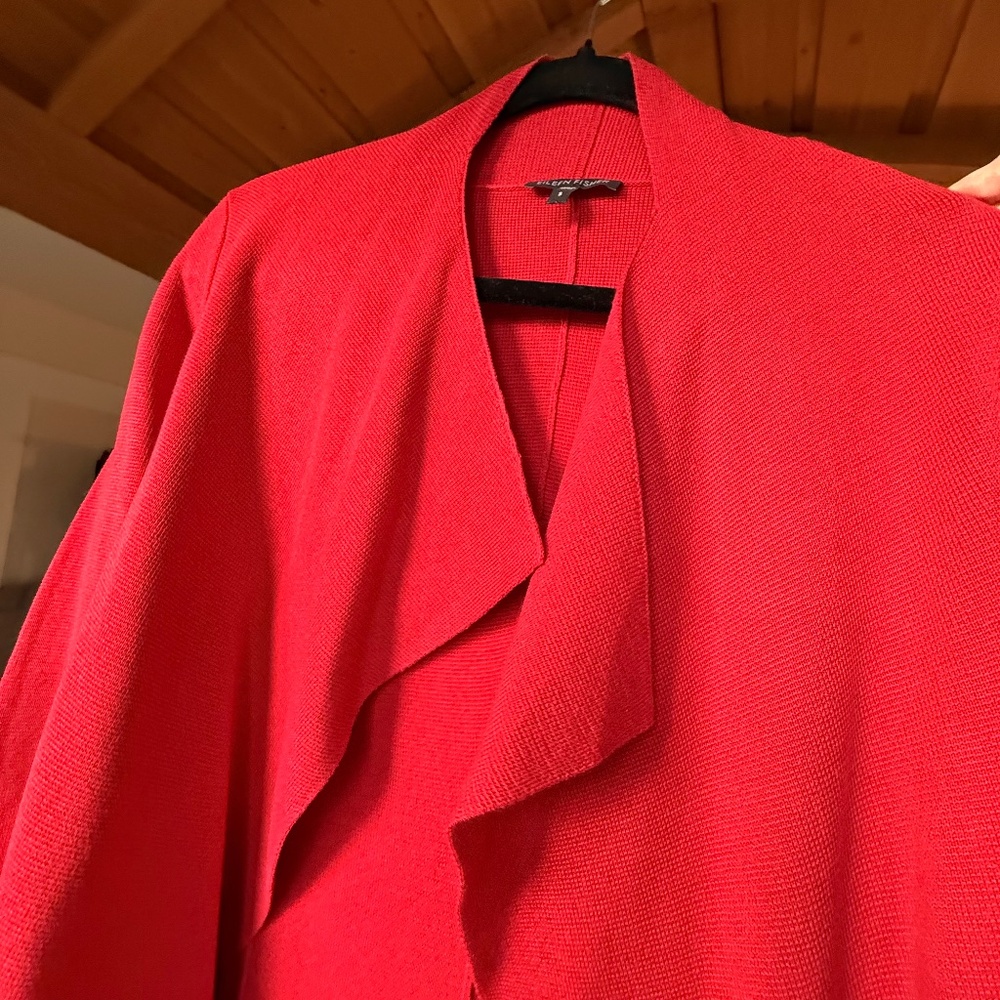 Eileen Fisher Red Open Draped Silk Blend Cardigan - Picture 4 of 6